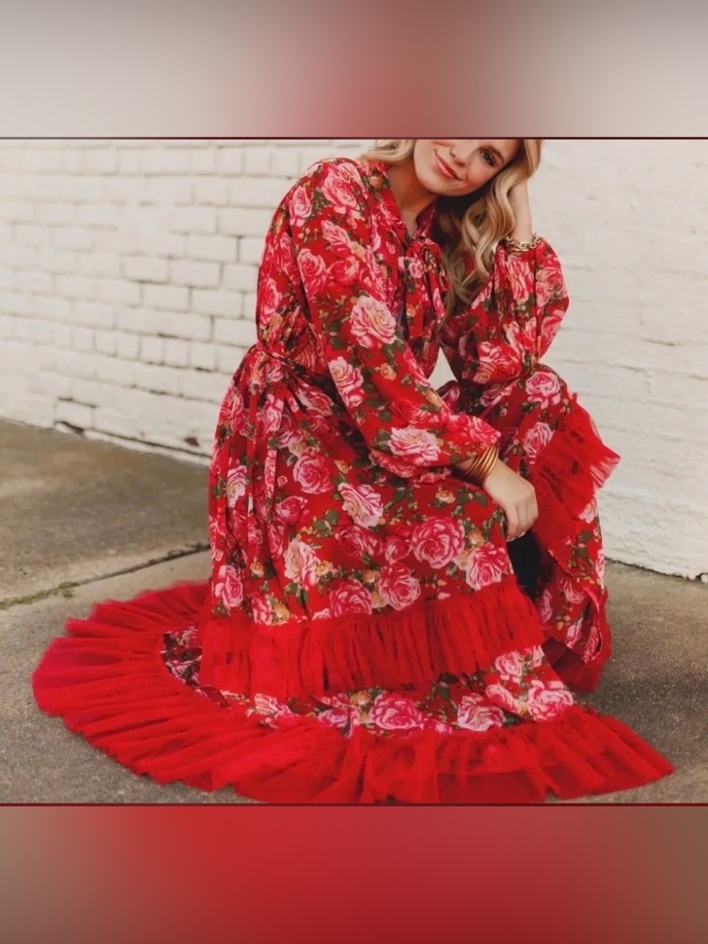 Turquoise Haven Women’s Bloom Kimono- Red Floral Tie-Neck Duster - Picture 3 of 3